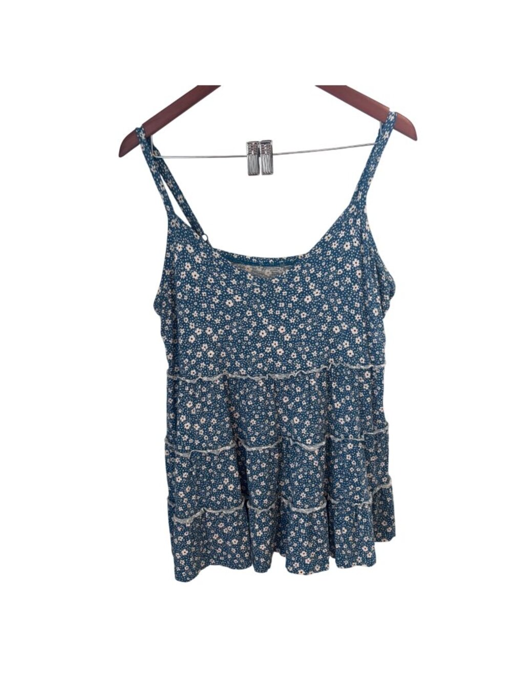 Vintage by Torrid Cornflower Blue White Floral Tank Top Sz 2 X Tiered Ruffles